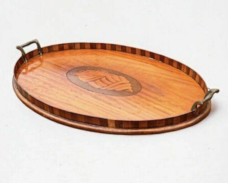 English Georgian Mahogany Tray With Marquetry Inlay & Brass Handles photo vinterior