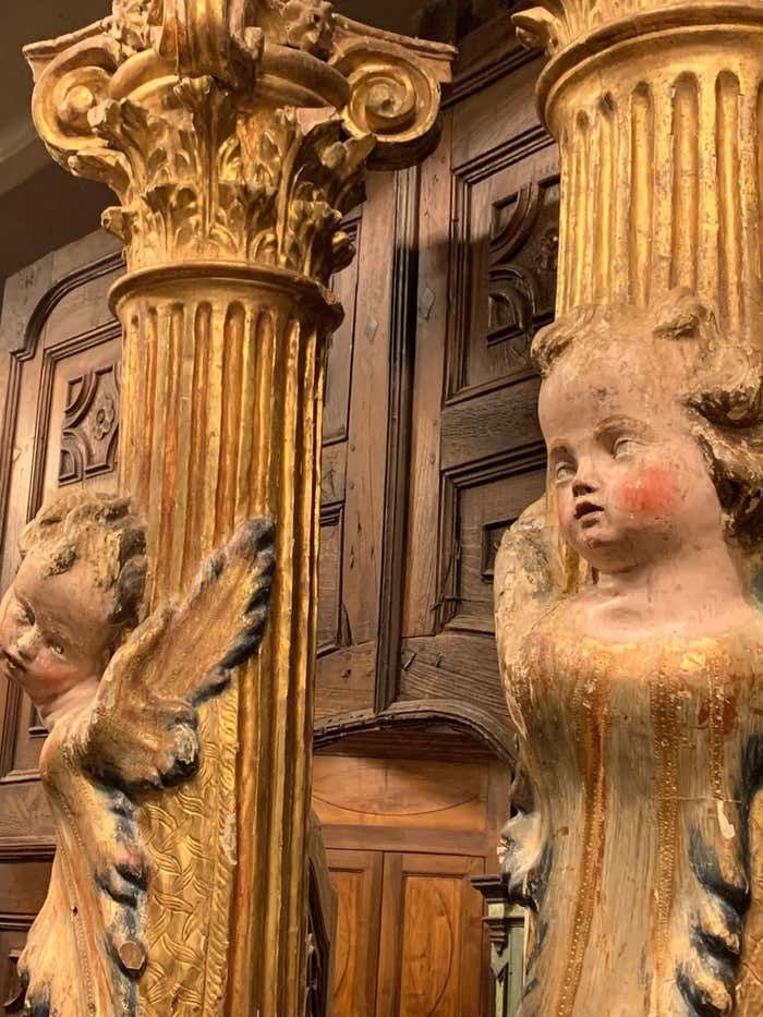 Pair Of Wooden Columns, Carved And Gilded With Polychrome Putti, From Spain. photo for sale
