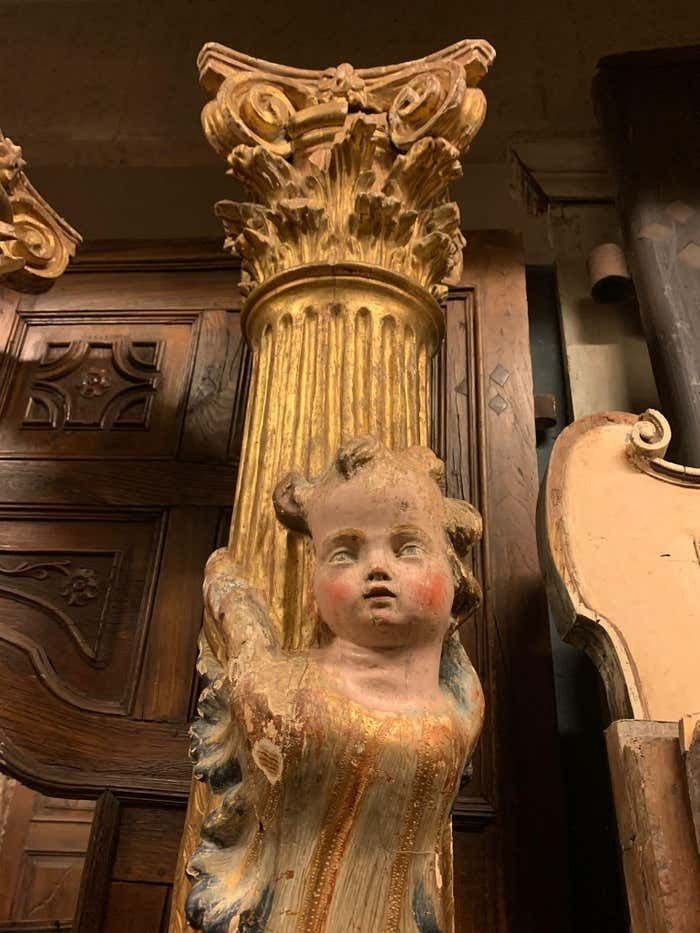 Pair Of Wooden Columns, Carved And Gilded With Polychrome Putti, From Spain. photo vintage