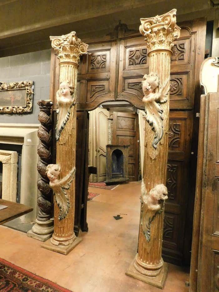 19220.0 Pair Of Wooden Columns, Carved And Gilded With Polychrome Putti, From Spain. photo