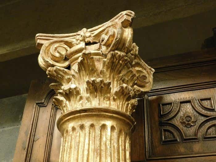 photo vintage Pair Of Wooden Columns, Carved And Gilded With Polychrome Putti, From Spain.