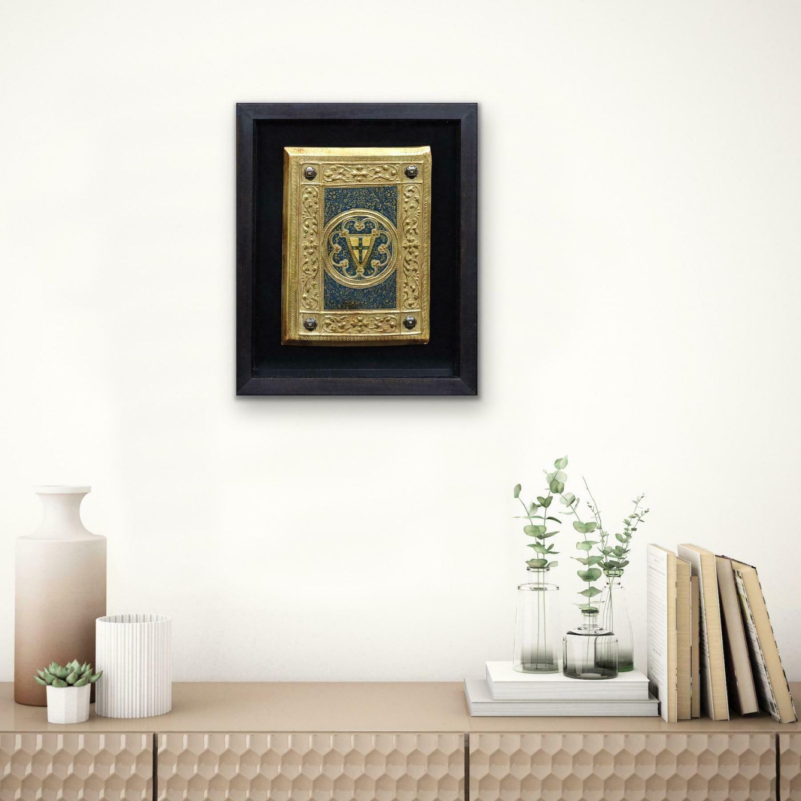 photo vintage Icilio Federico Joni 1866 To 1946. Italian. Painted Wood Tavolette Book Cover Binding. The Biccherna Aesthetic. Framed. Siena. Sienese. Tuscany.