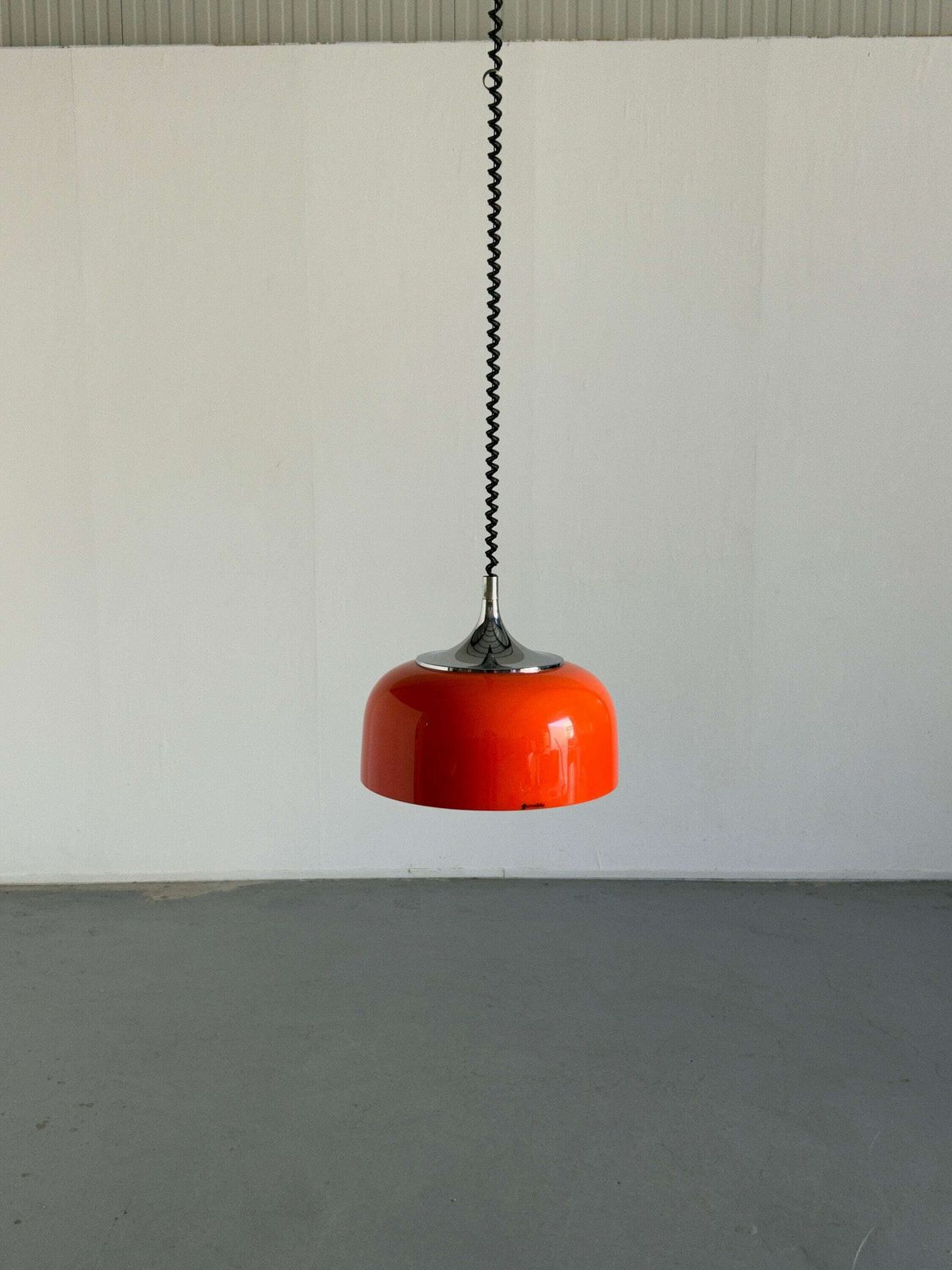 Mid Century Modern Orange Pendant Lamp Designed By Harvey Guzzini For Meblo, 1970s Space Age, Yugoslavia / Atomic Age Ufo Hanging Light photo furniture