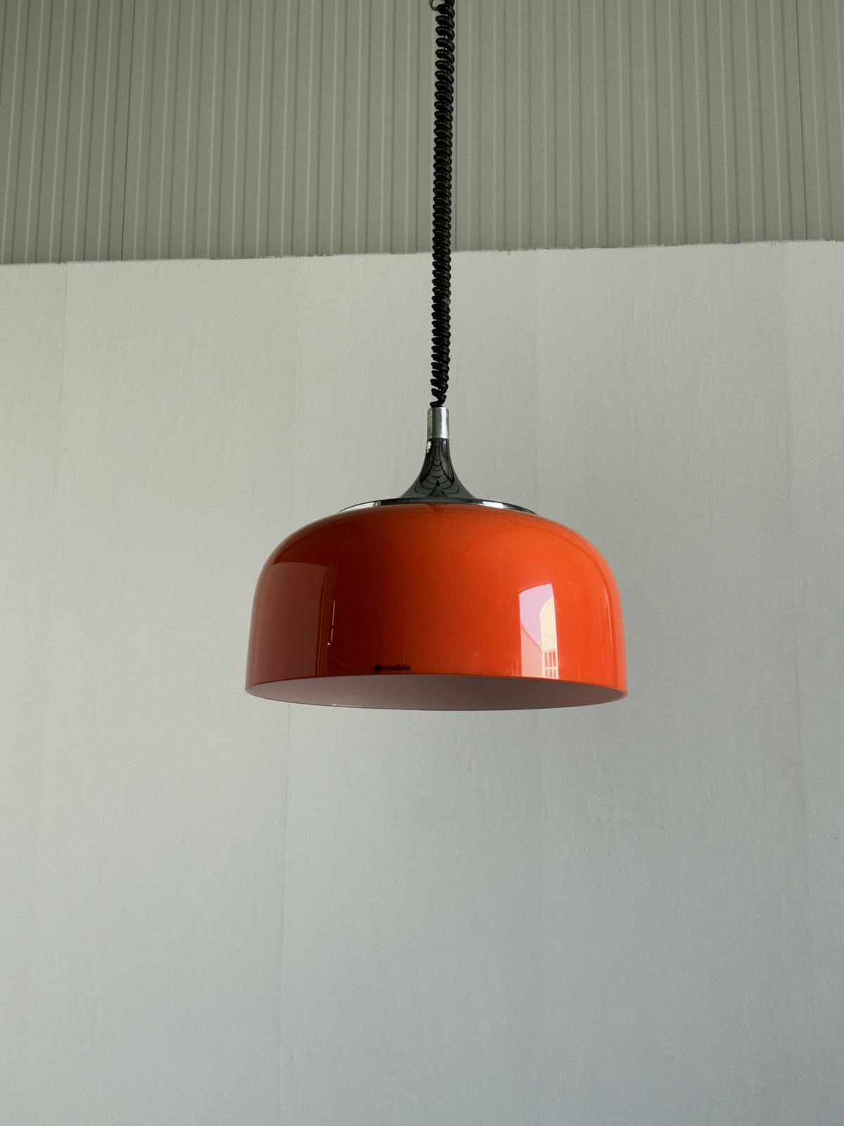Mid Century Modern Orange Pendant Lamp Designed By Harvey Guzzini For Meblo, 1970s Space Age, Yugoslavia / Atomic Age Ufo Hanging Light photo vintage