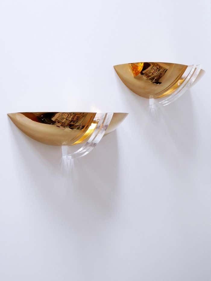 3066.0 Set Of Two Elegant Gilt Brass & Lucite Sconces Or Wall Lights Germany 1980s photo