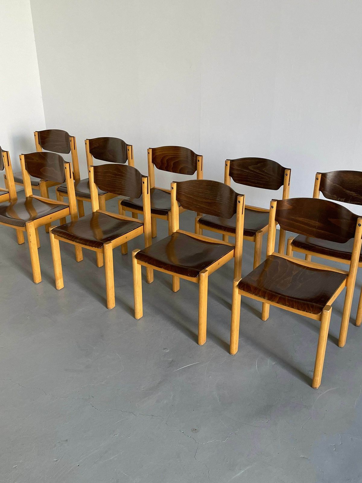 Mid Century Modern Stackable Dining Chairs Or Visitor Chairs In The Style Of Roland Rainer, Beech And Stained Plywood, 1970s Germany photo for sale