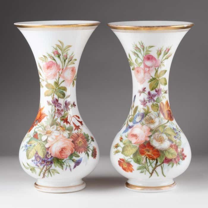 Pair Of Opaline Vases Painted With Floral Motifs, 19th Century. photo furniture