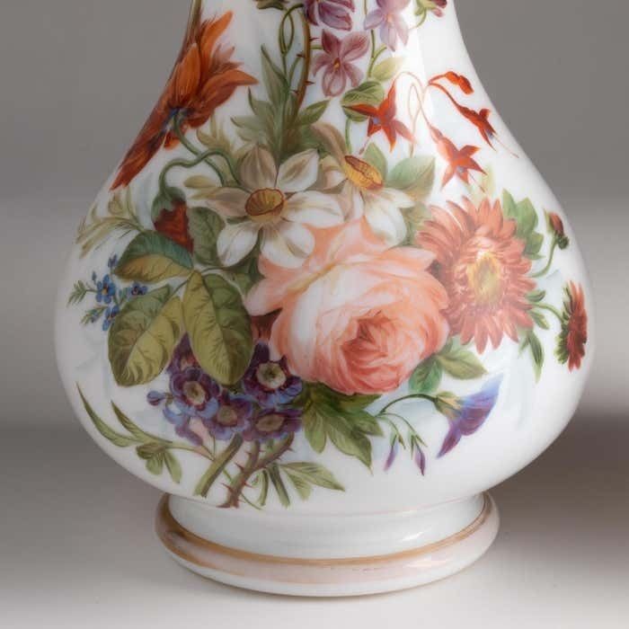 Pair Of Opaline Vases Painted With Floral Motifs, 19th Century. photo for sale