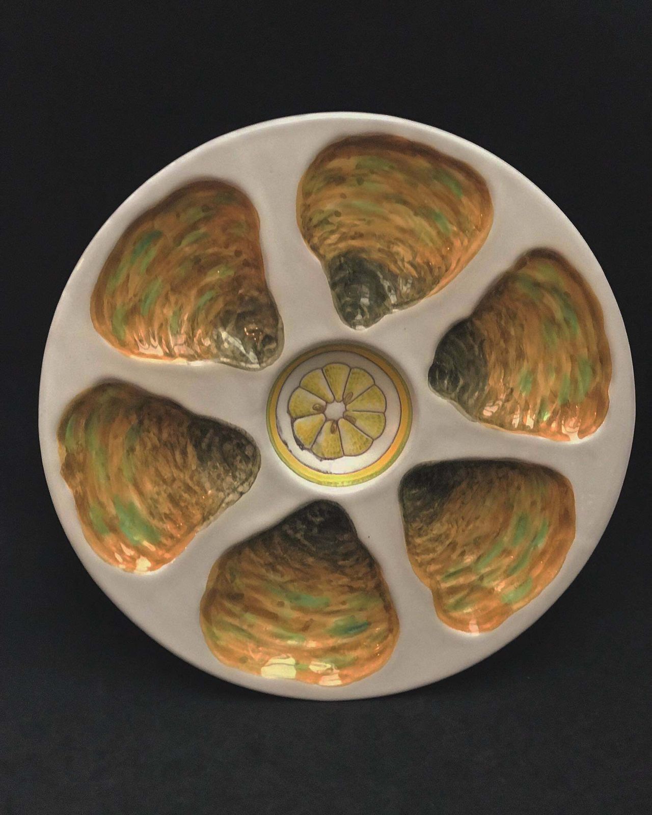 Oyster Plate Majolica Oyster Dish Italian Yellow White And Green Majolica Oyster Plate Collectable Glazed Hand Painted Collection