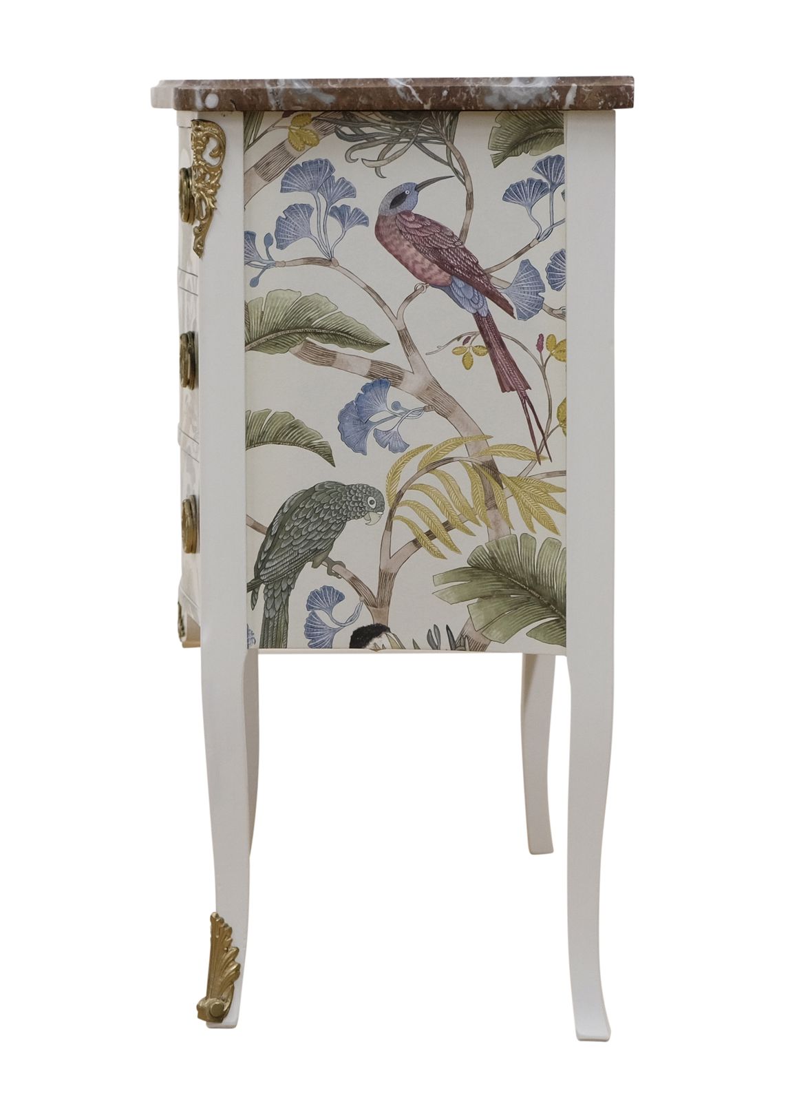 Louis XV Style 3 Drawer Chest With Exotic Birds Design And Natural Marble Top photo vintage