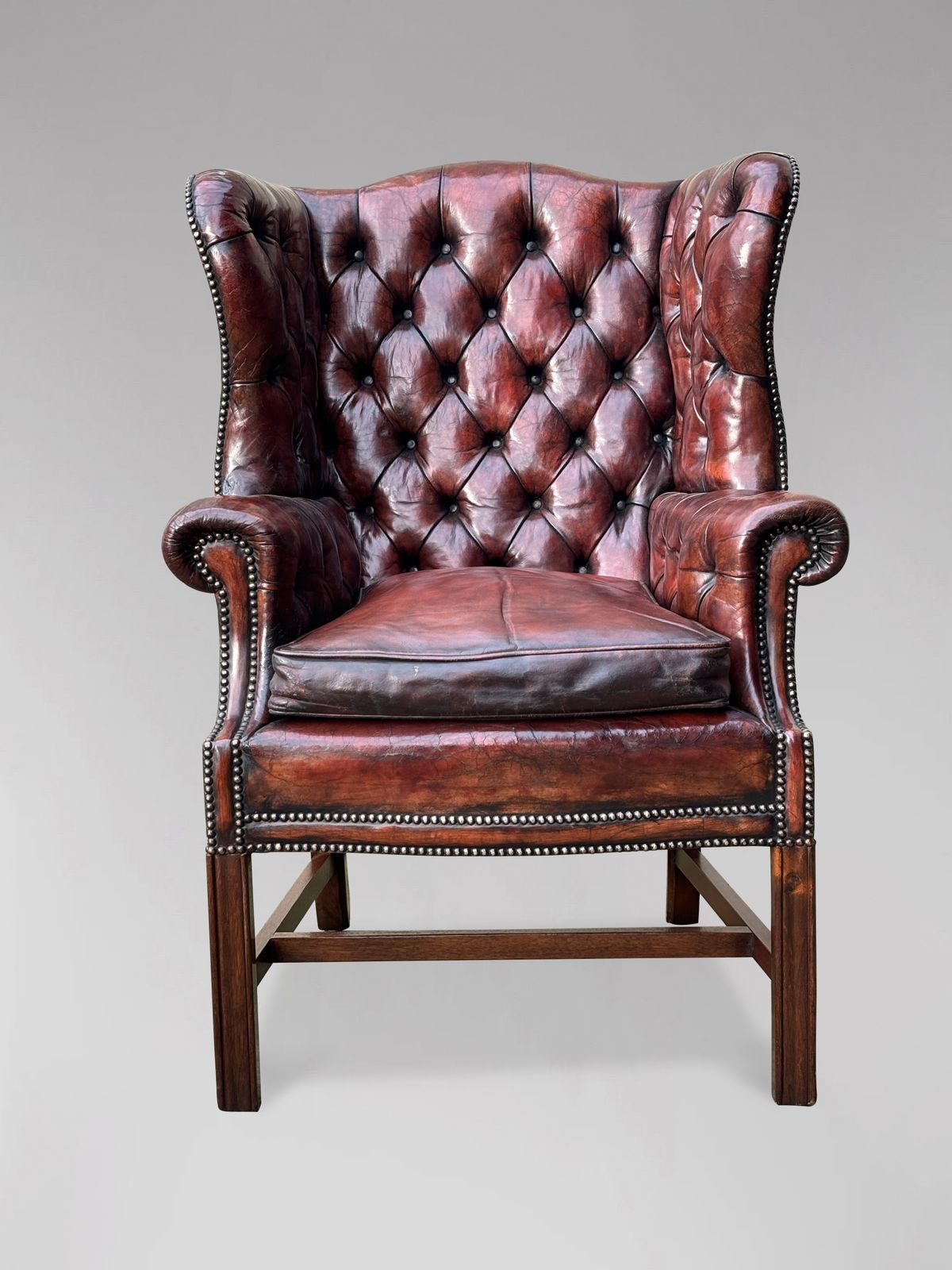 19th Century Burgundy Leather Wing Armchair photo for sale