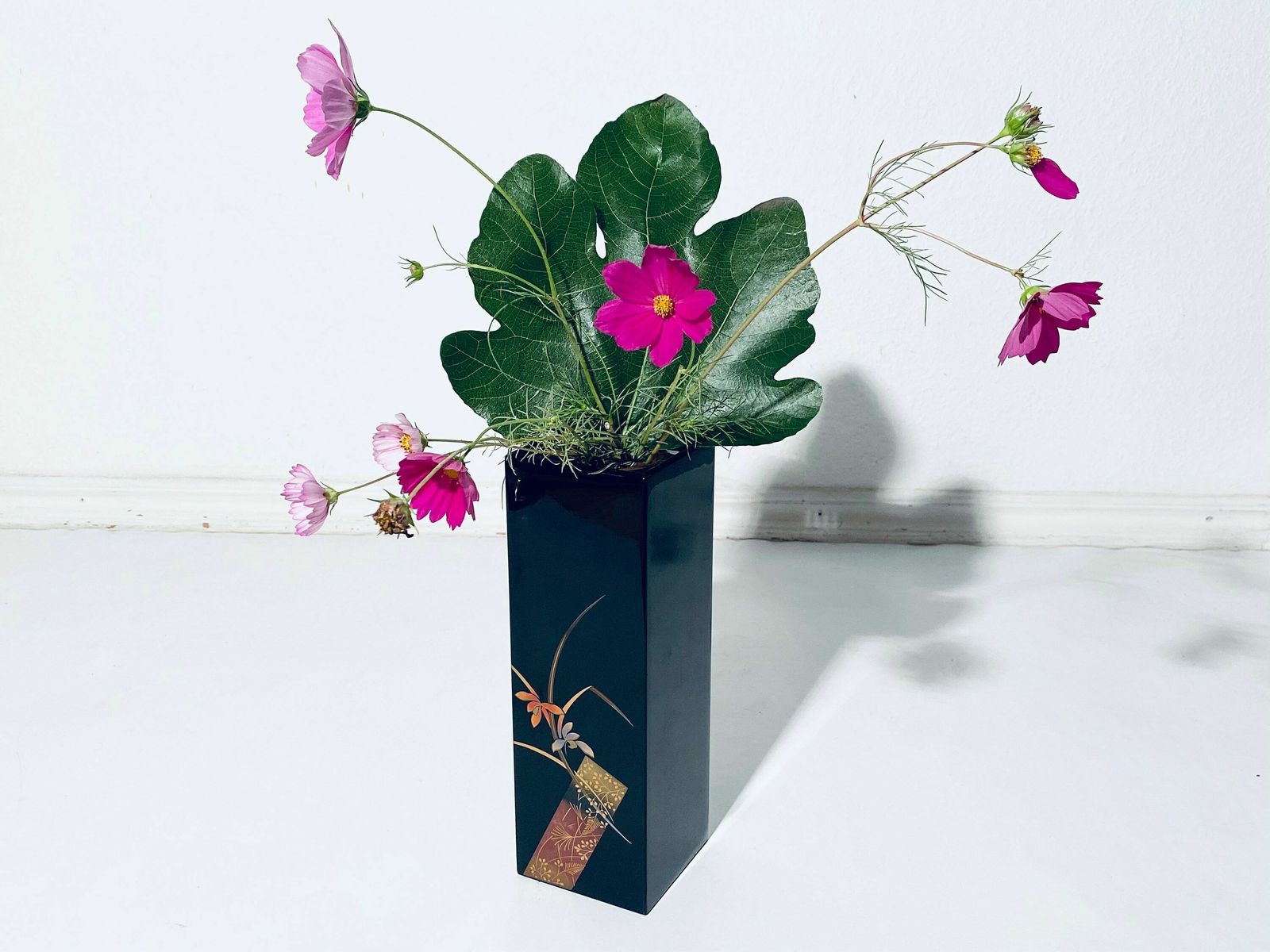 Large Japanese Art Deco Black Lacquer Rectangular Vase With Floral Motif / Traditional Art 1940s