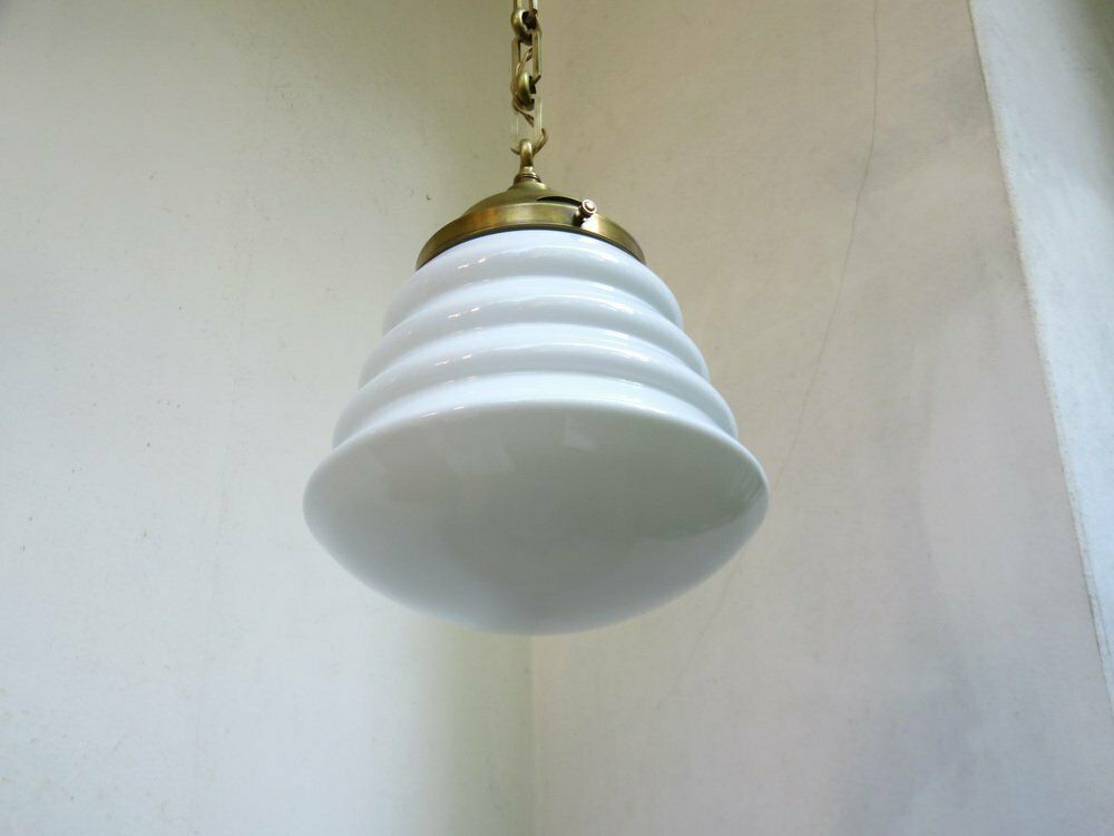 Extraordinary Art Nouveau Ceiling Lamp In Brass And Opaline Glass, Austria, 1910s photo vinterior