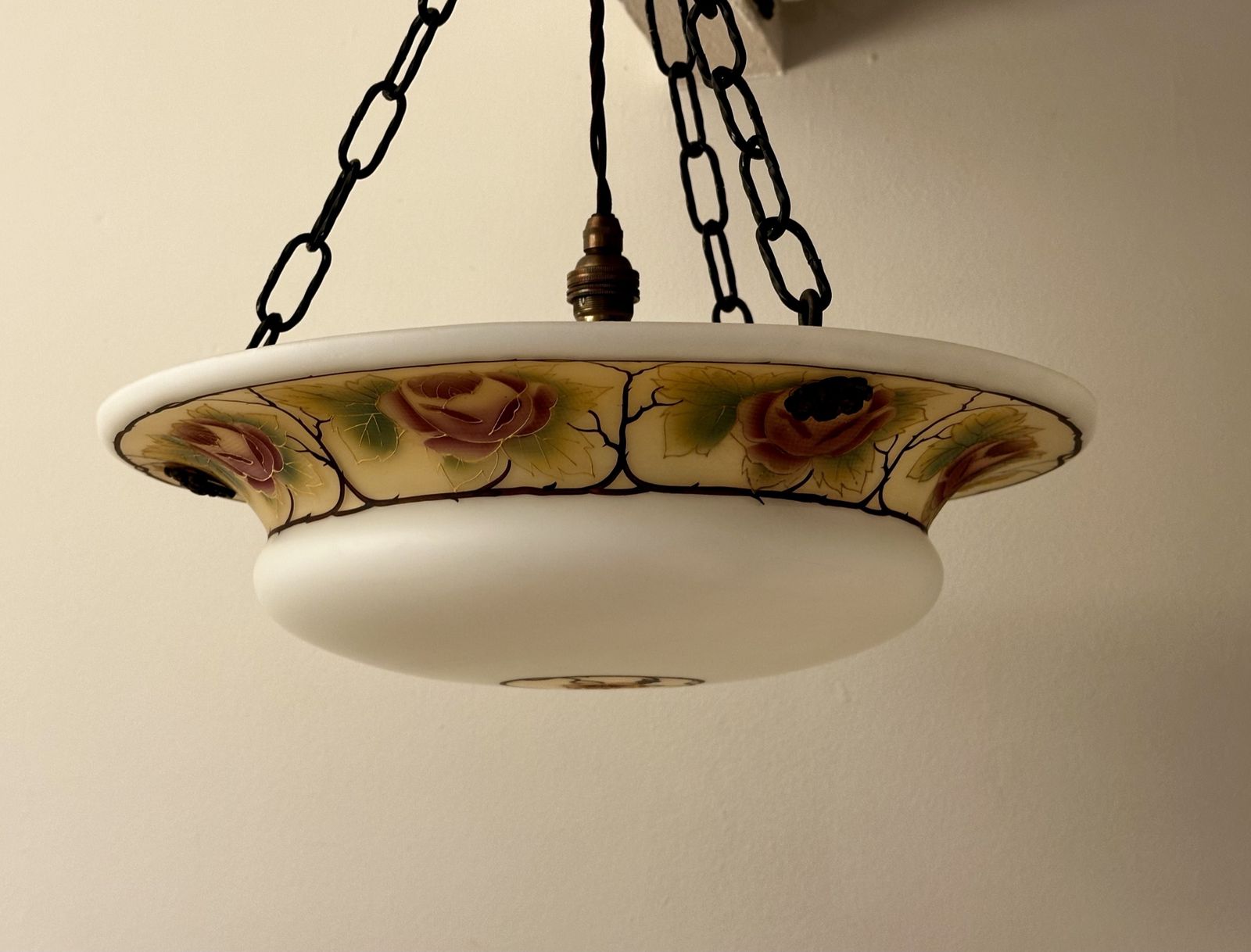 Classic Edwardian Fluted Glass Plafonnier With A Hand Painted Rose Design, Restored, Rewired Ready To Be Placed C.1910 Two Available. photo Lighting