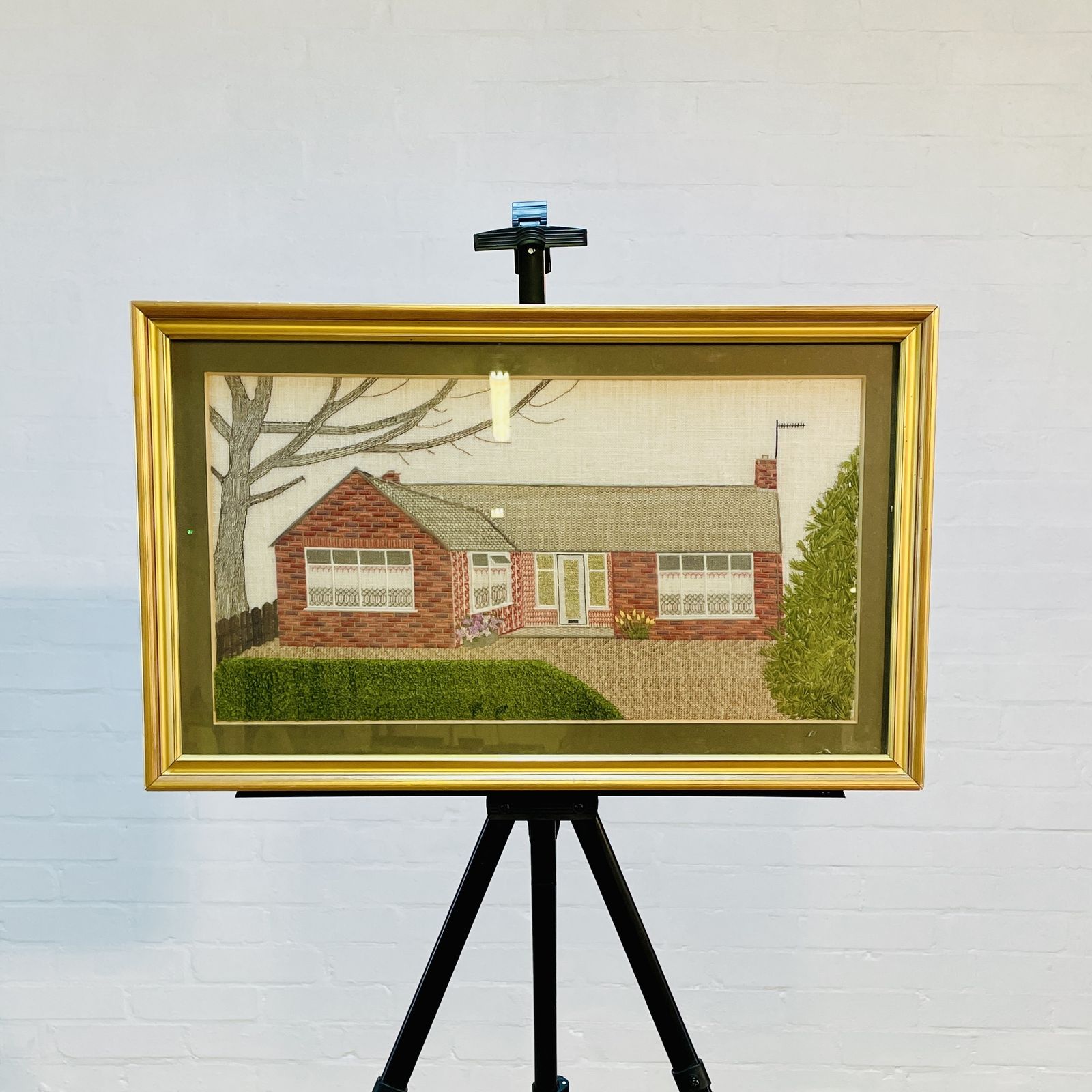 Mid Century Framed + Glazed Tapestry Of A Bungalow photo for sale