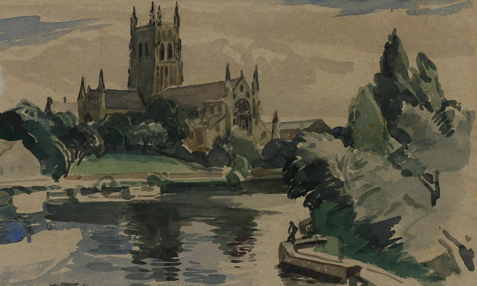 Watercolour By Horace Tuck. Probably Worcester Cathedral photo furniture