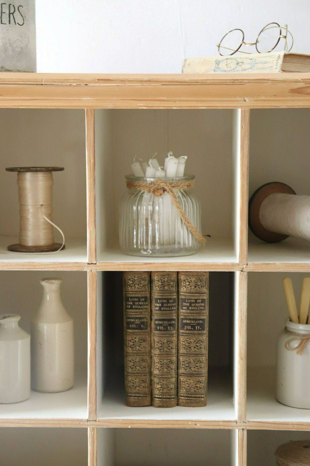 Vintage Freestanding Open Pine Pigeon Hole Cupboard With Linen Painted Shelves photo buy