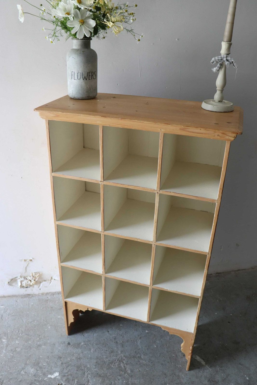 photo furniture Vintage Freestanding Open Pine Pigeon Hole Cupboard With Linen Painted Shelves