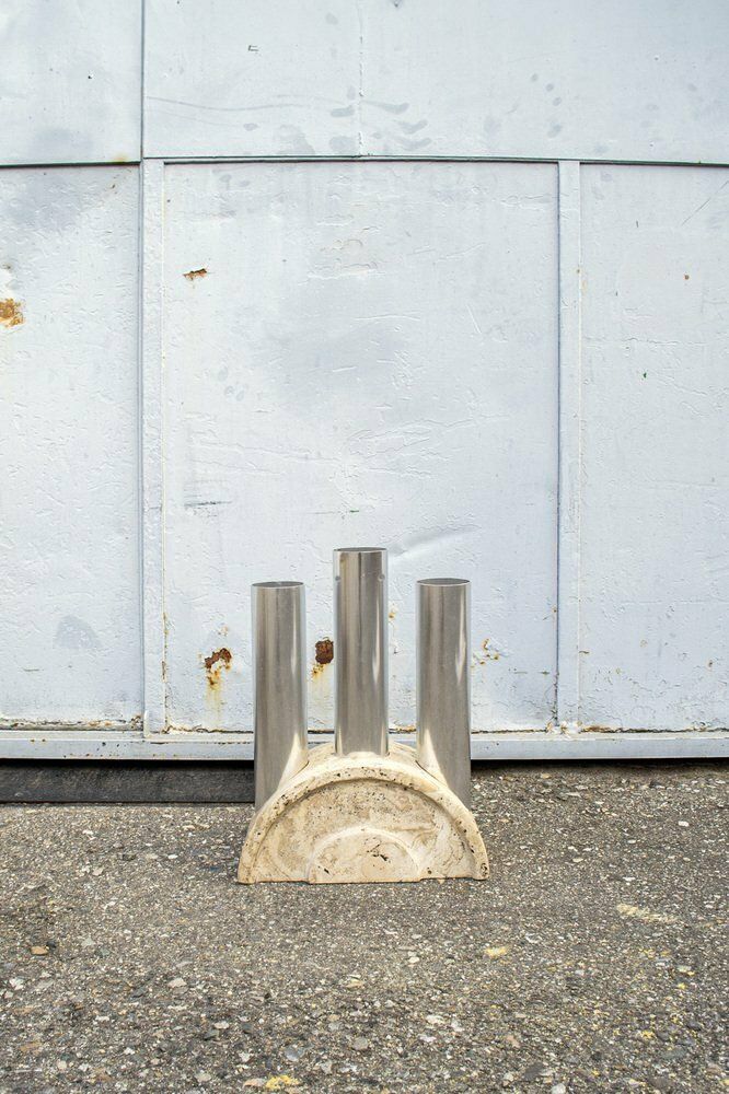 Travertine And Aluminum Umbrella Stand, Italy, 1970s