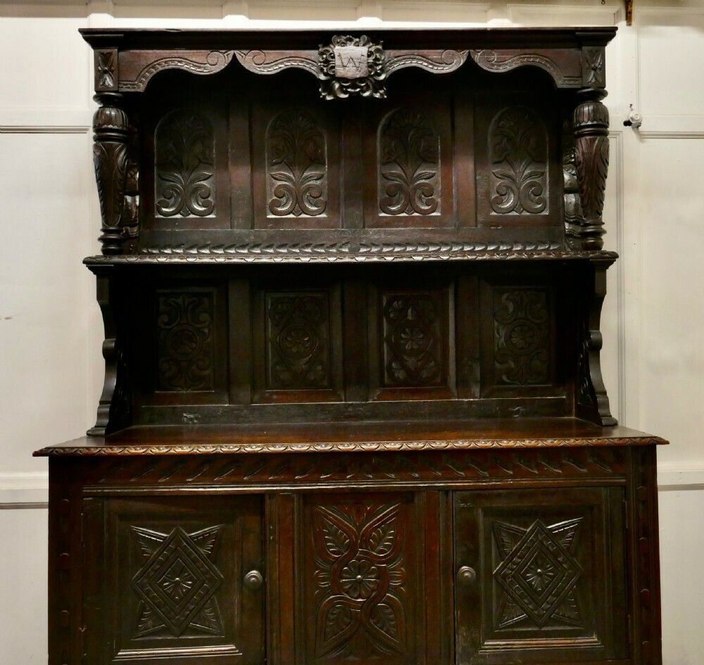 18th Century Carved Oak Dresser With Kings photo vintage