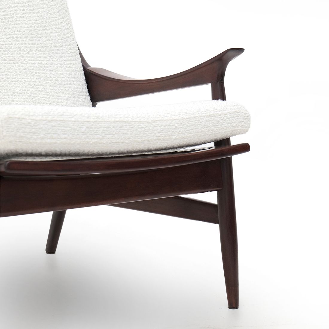 photo for sale Pair Of Armchairs In Wood And White Bouclé By Mario Franchioni For Framar, 1960s