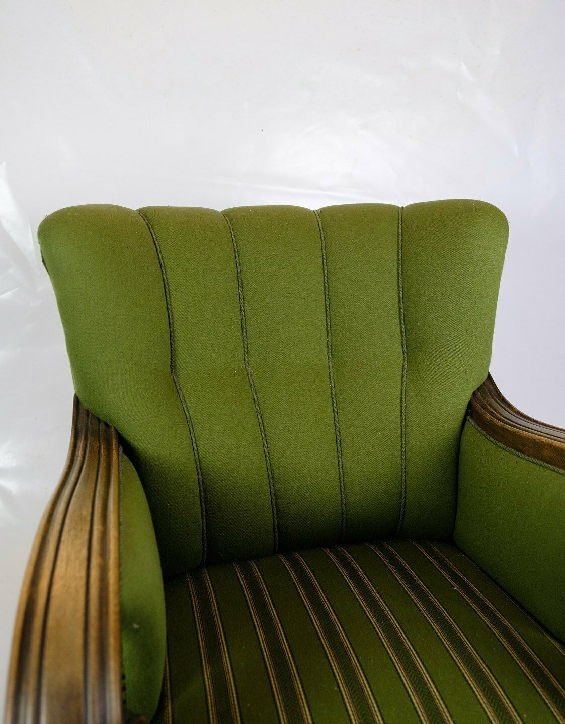 Armchair In Green Fabric & Wood Carvings From 1920s photo for sale
