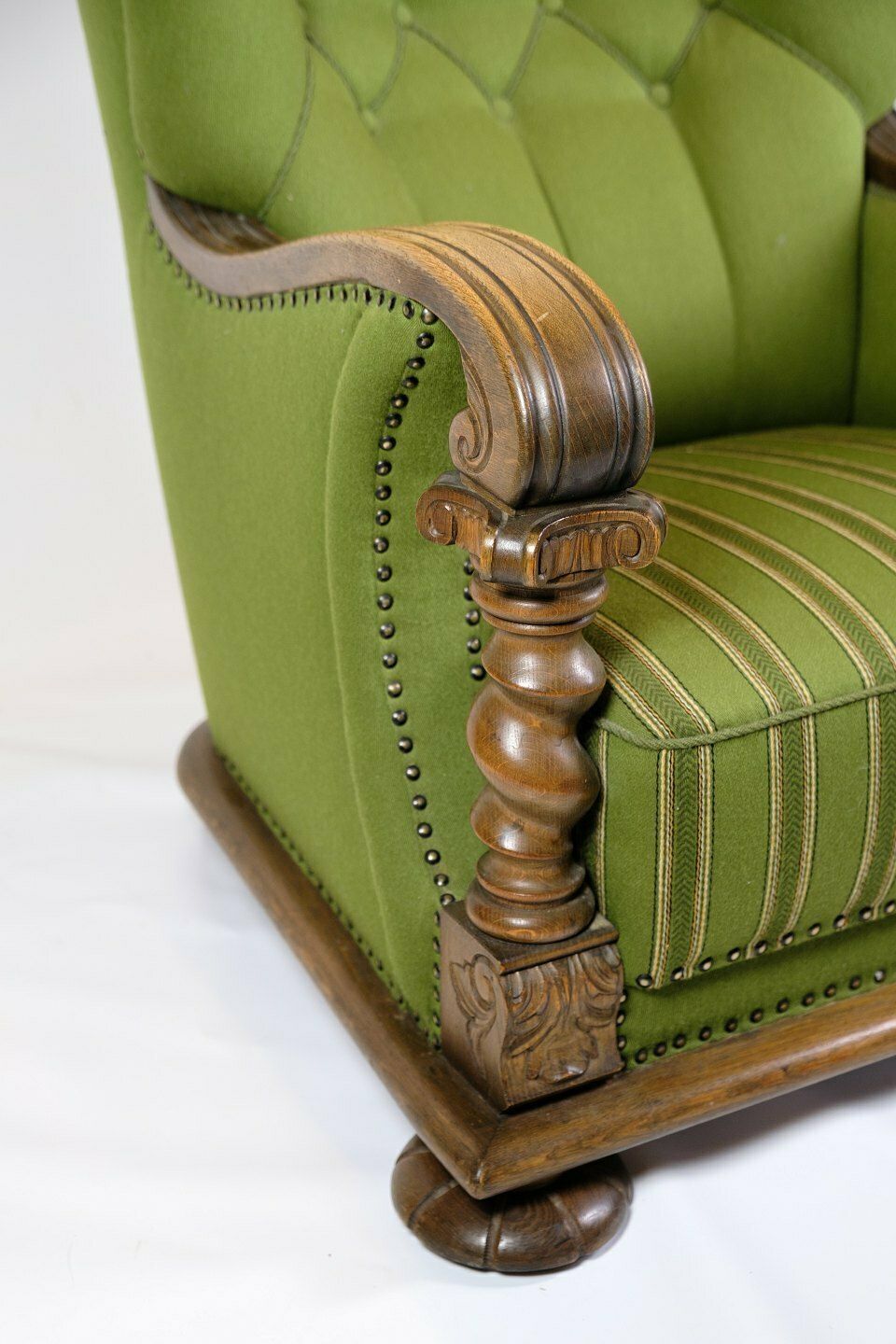 High Backed Armchair In Green Fabric & Wood Carvings From 1920s photo for sale
