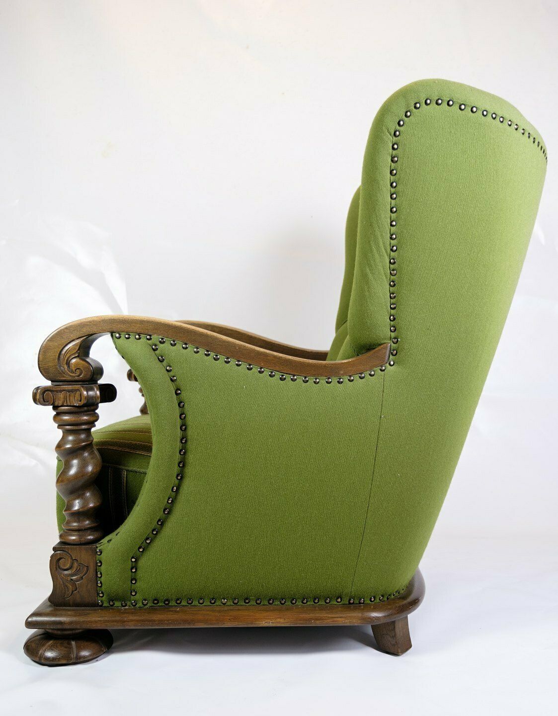 High Backed Armchair In Green Fabric & Wood Carvings From 1920s photo vinterior