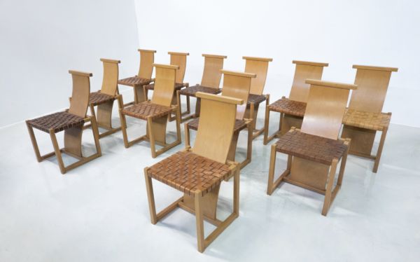 Mid Century Modern Set Of 12 Wood And Leather Chairs, Italy, 1950s photo furniture