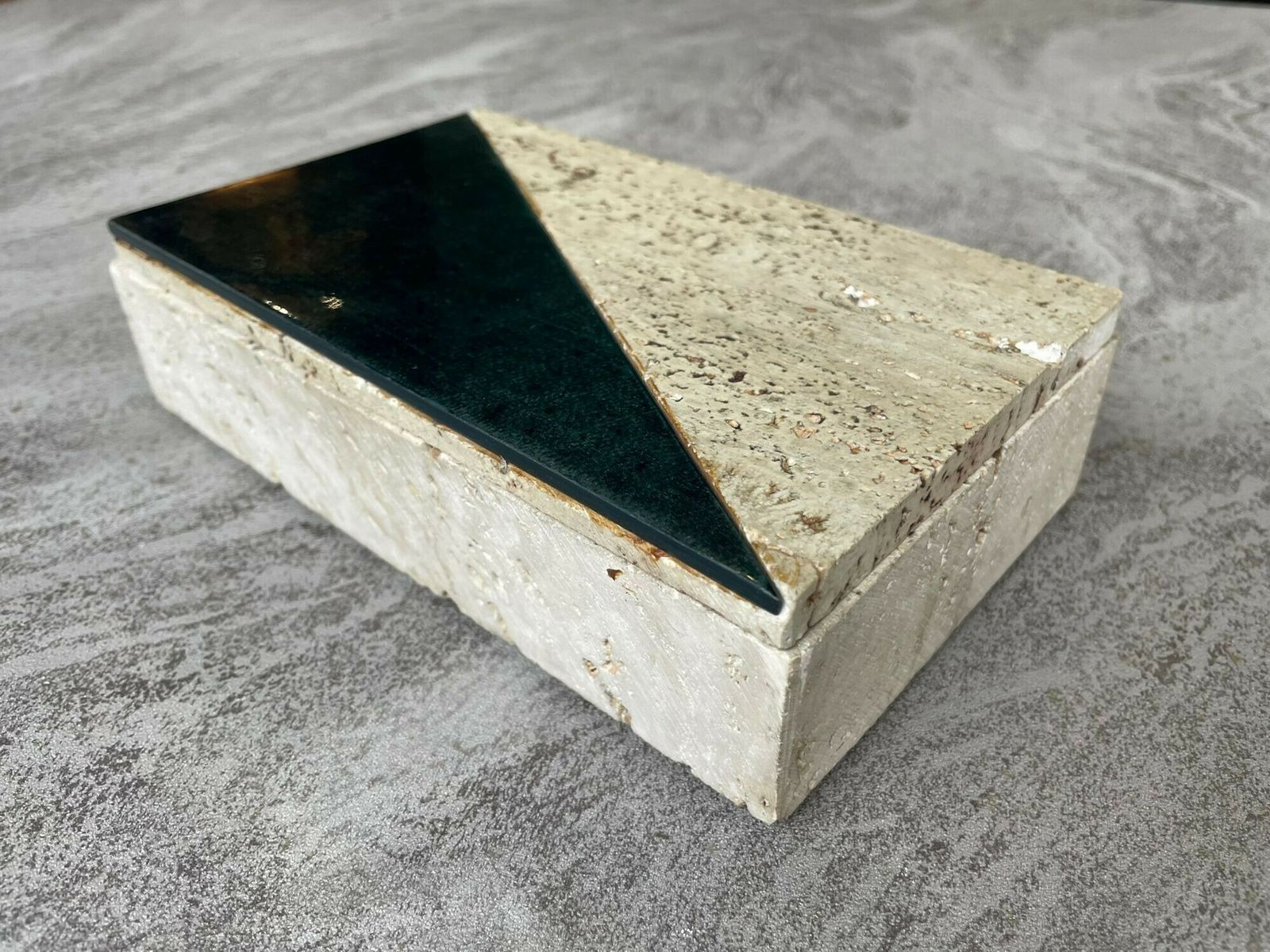 An Italian 1970s Travertine Box With Green Glazed Tile Detail. photo vinterior
