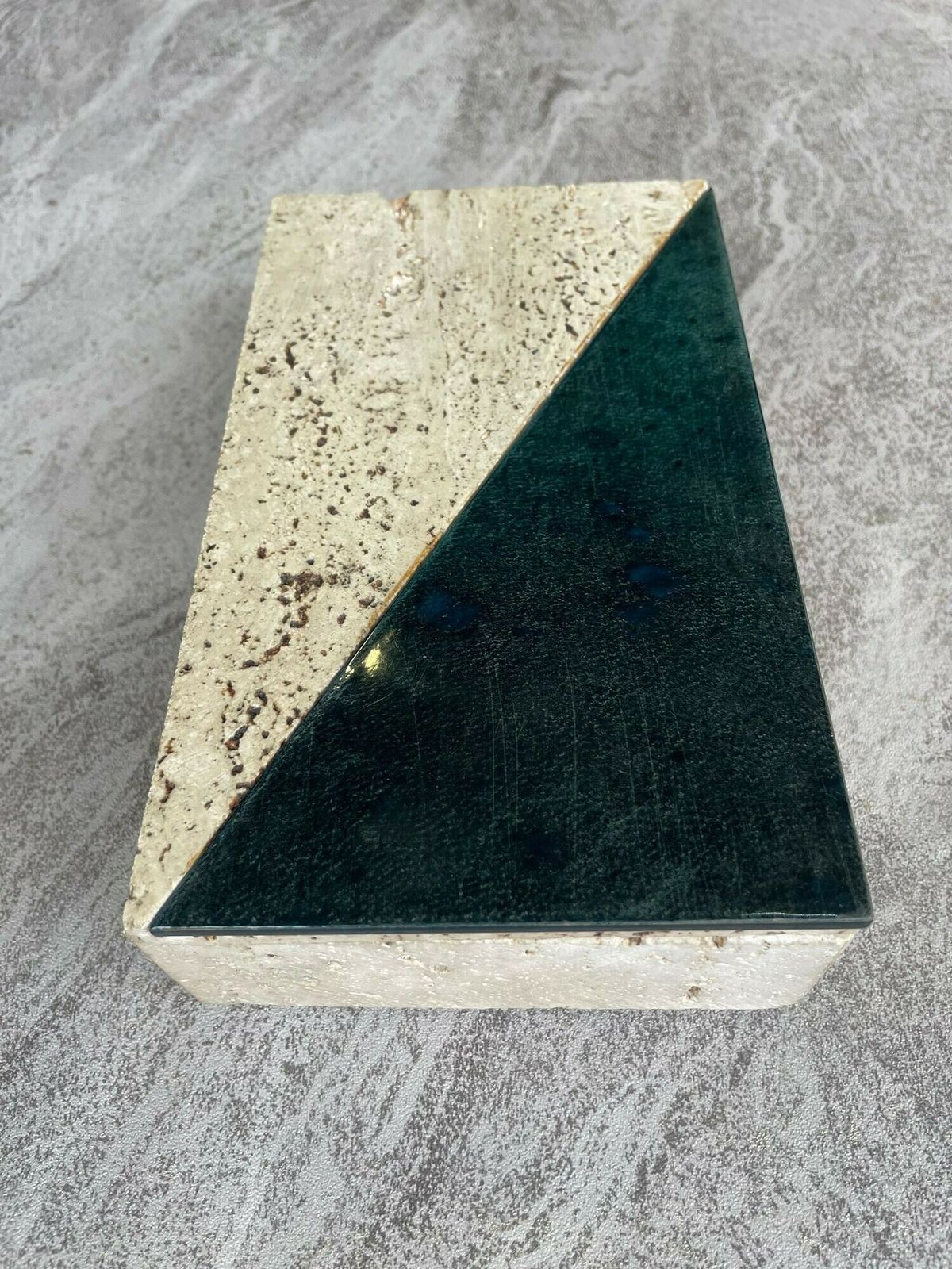 photo vinterior An Italian 1970s Travertine Box With Green Glazed Tile Detail.