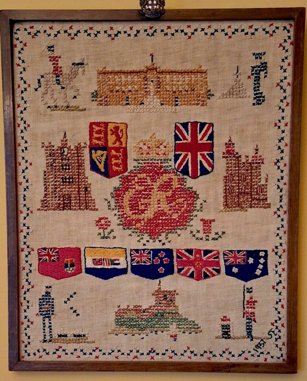 Cross Stitch Signed Coronation Sampler 1937 'Domine Dirige Nos' Top Metal Crest