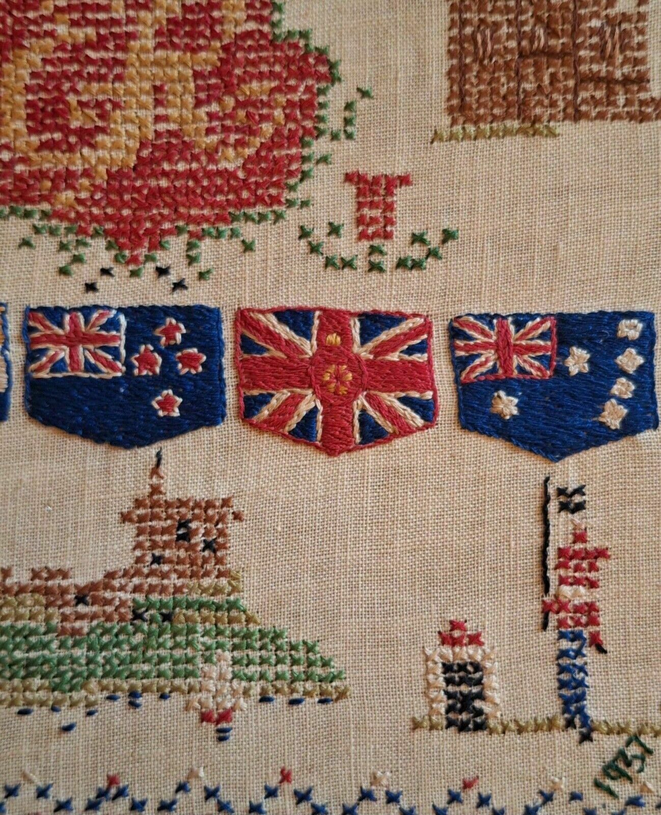 photo for sale Cross Stitch Signed Coronation Sampler 1937 'Domine Dirige Nos' Top Metal Crest