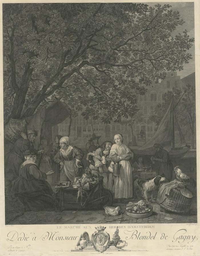 Antique Print Of The Vegetable Market In Amsterdam By David, 1775 photo furniture
