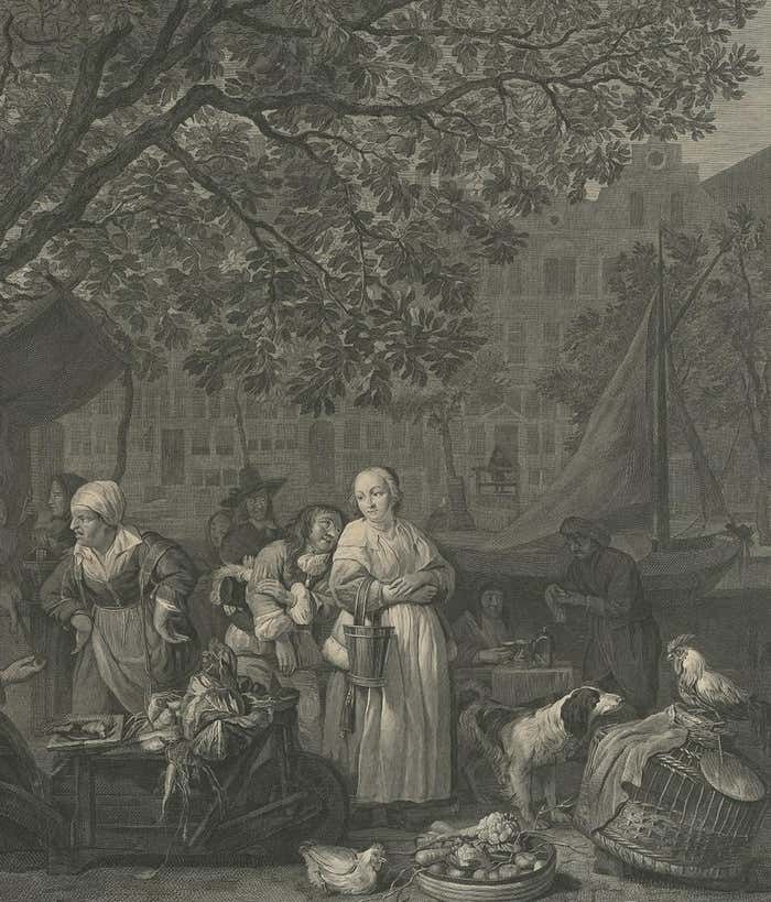 Antique Print Of The Vegetable Market In Amsterdam By David, 1775 photo Art