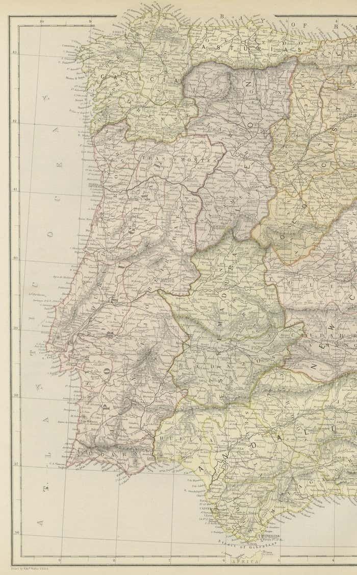 Original Antique Map Of Spain And Portugal, 1882 photo for sale