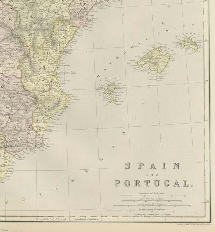 Original Antique Map Of Spain And Portugal, 1882 photo Art