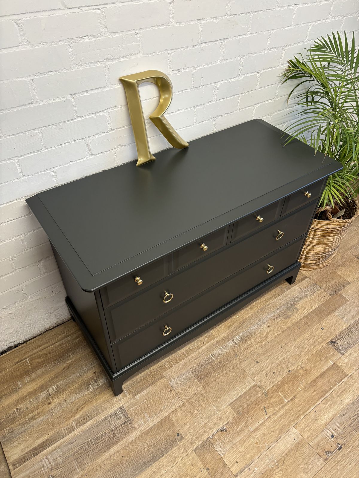 photo furniture Stag Minstrel 4 Over 2 Wide Chest Of Drawers Painted Dark Grey