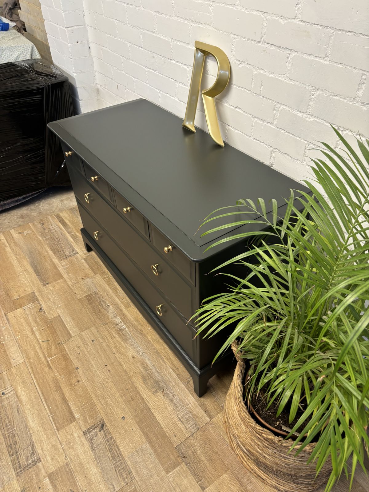 photo for sale Stag Minstrel 4 Over 2 Wide Chest Of Drawers Painted Dark Grey