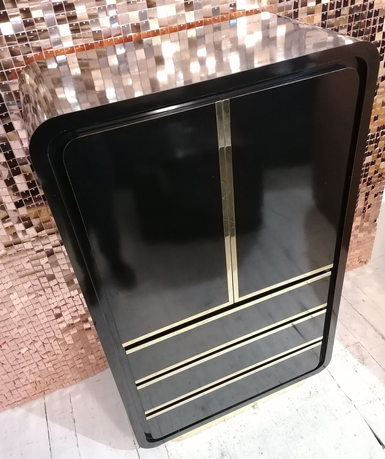 A Stunning Deco Revival 1980s American Black Laminate & Gold Tallboy Dresser photo for sale