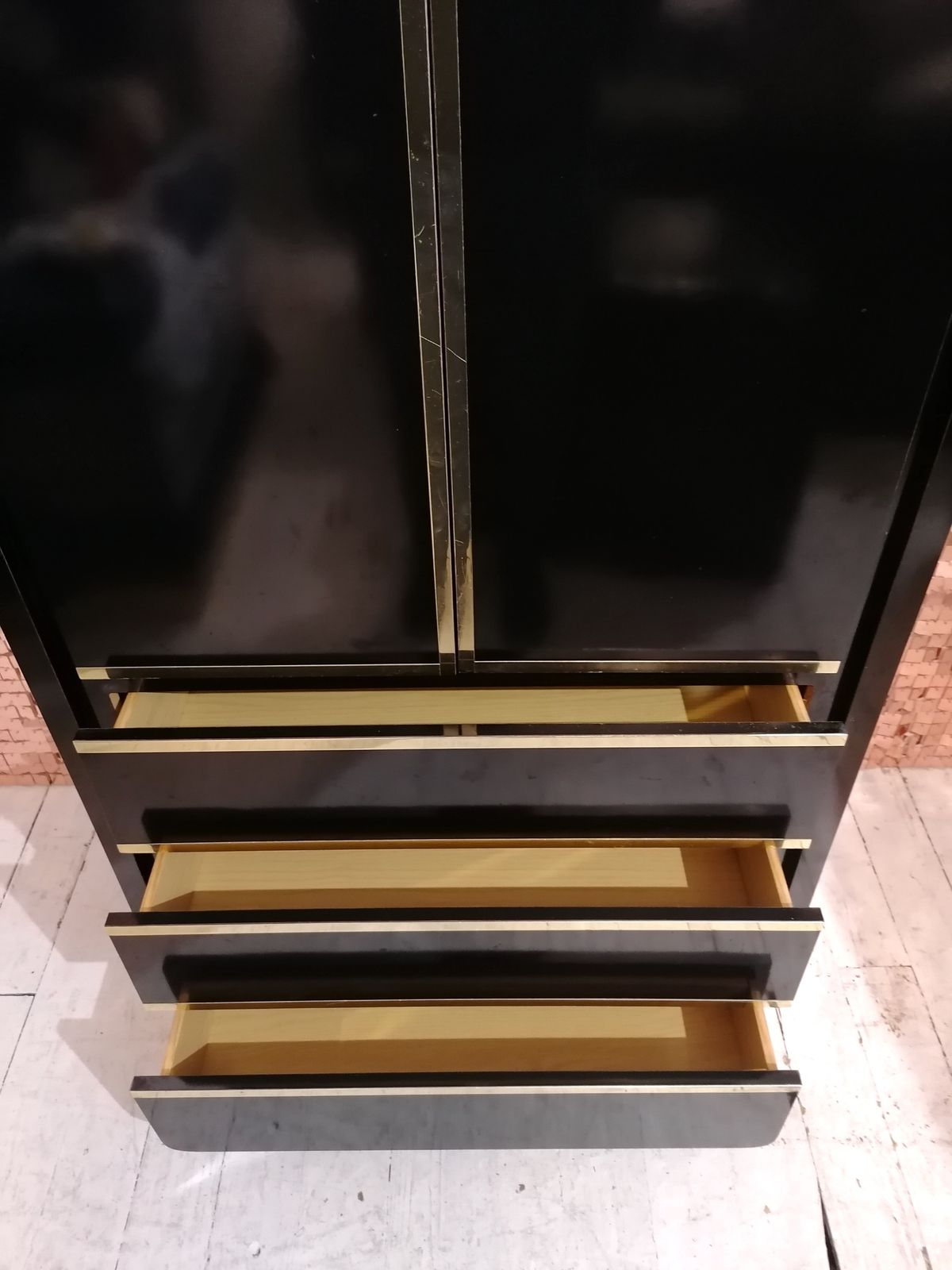 A Stunning Deco Revival 1980s American Black Laminate & Gold Tallboy Dresser photo 1500.0