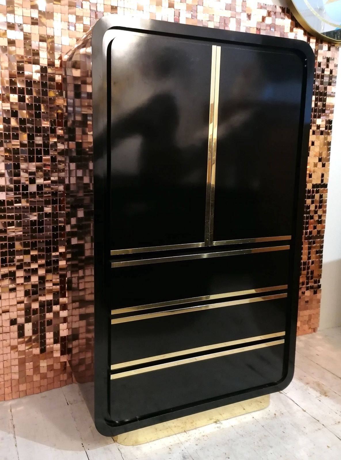 photo furniture A Stunning Deco Revival 1980s American Black Laminate & Gold Tallboy Dresser