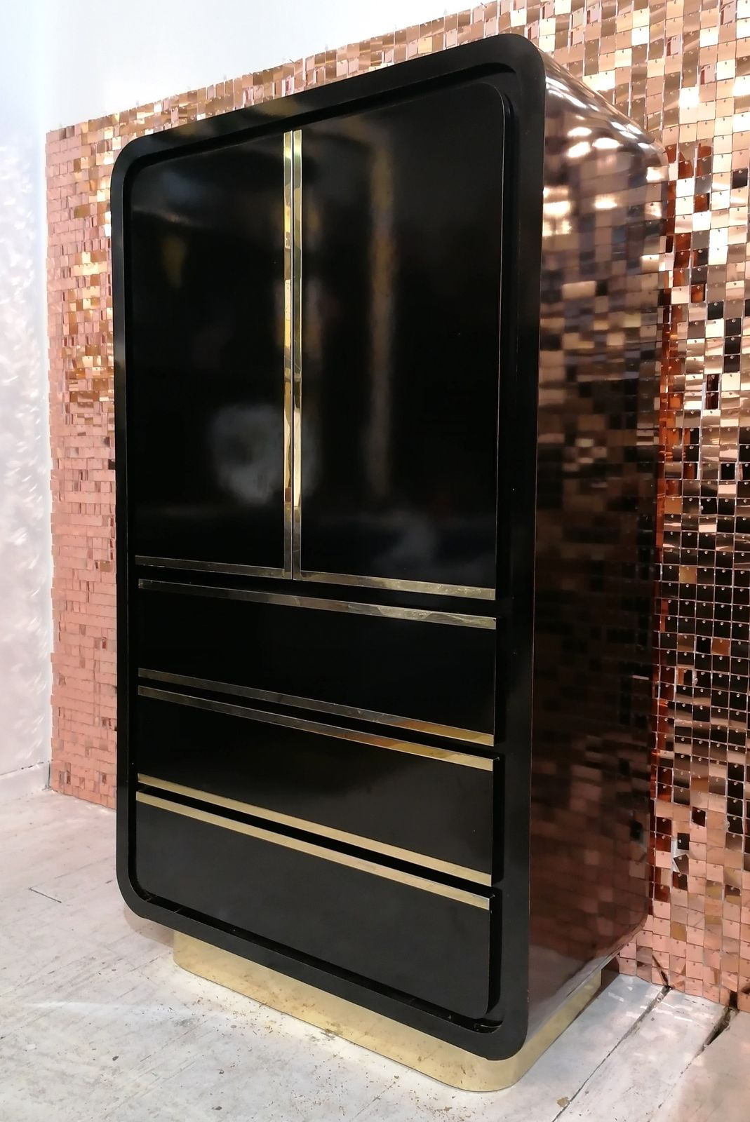 photo for sale A Stunning Deco Revival 1980s American Black Laminate & Gold Tallboy Dresser