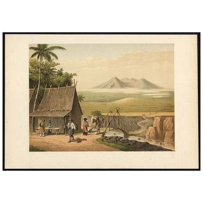 Old Print Of The Cipancar River And Pantjar Volcano On Java Island, Indonesia
