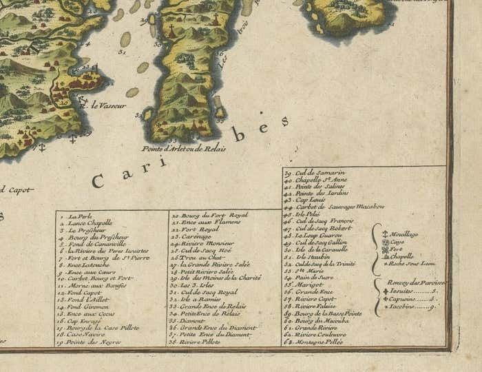 L'isle De La Martinique Caribbean Copper Engraving Original Handcoloring, 1704 photo for sale