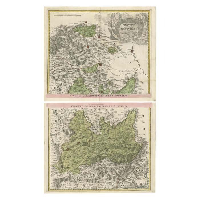 Set Of 2 Antique Maps Covering Part Of Modern Day Czech Republic