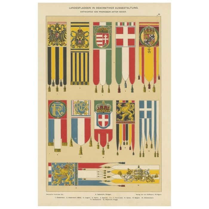 Chromolithograph With Flags Of Austria, Hungary, Italy And Other Countries