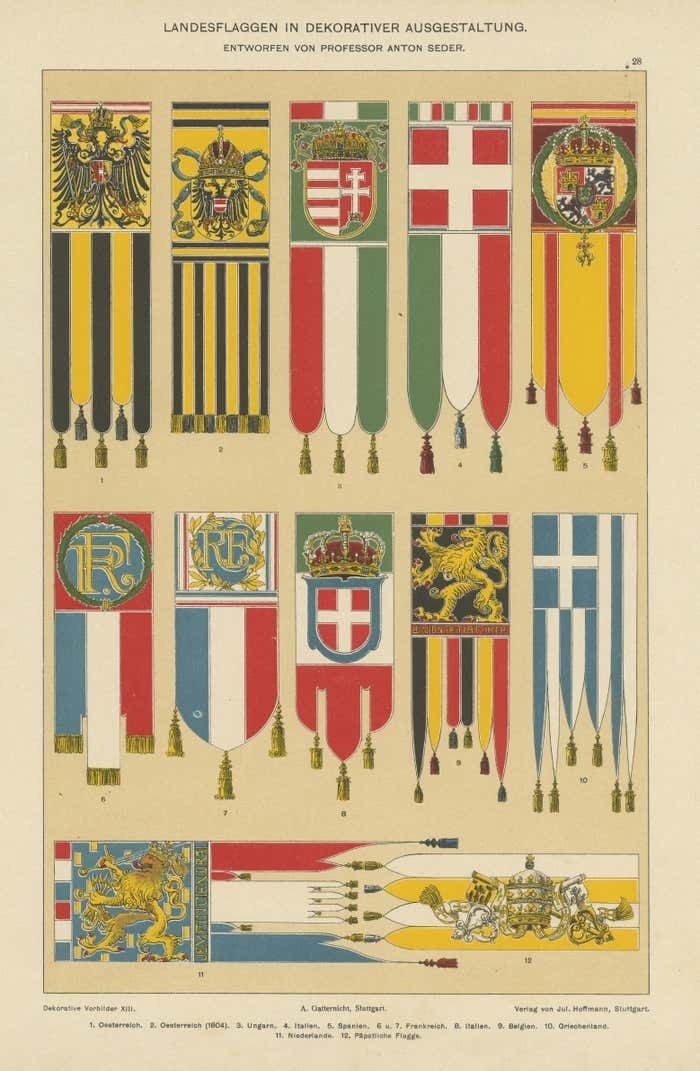 Chromolithograph With Flags Of Austria, Hungary, Italy And Other Countries photo for sale