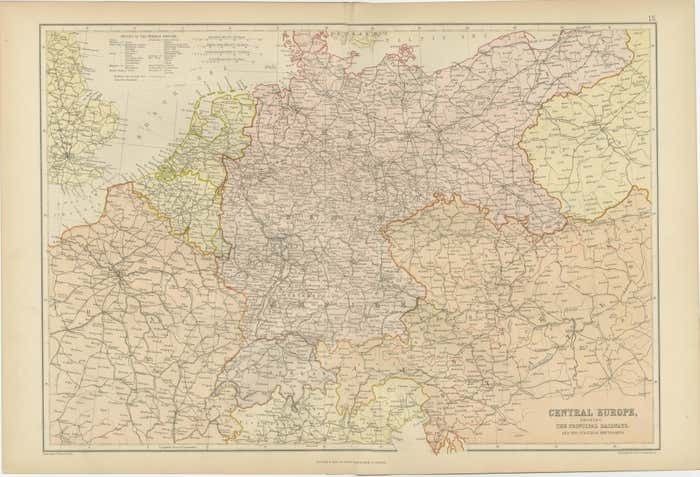 Antique Map Of Central Europe Showing The Railways And The Political Bounderies photo 188.0