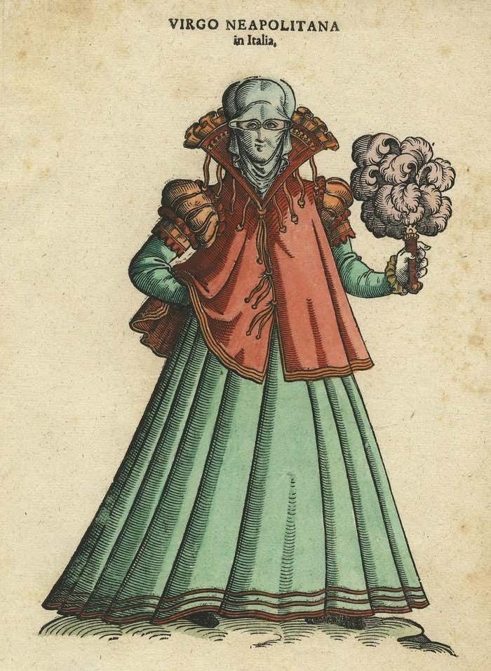 Rare Early Plate Of A Virgin Woman From Naples, Italy In 16th Century Costume photo for sale